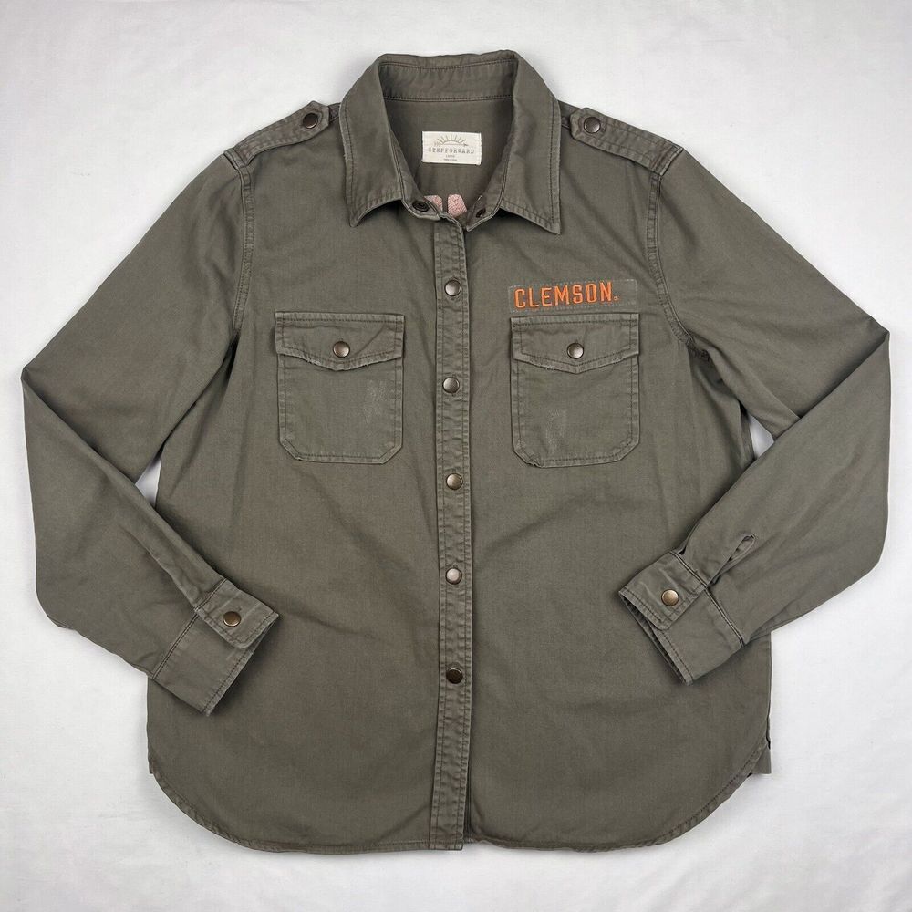 Stepforward Large Clemson Embroidered 100% Cotton Army Green Long Sleeve Top